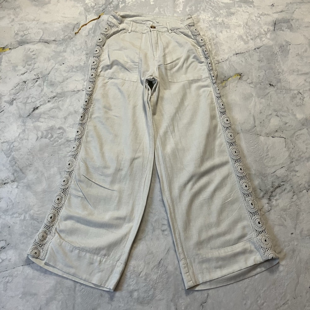 Venus Pants Womens Size 6 Beige Wide Leg High Rise Embroided Side Panel